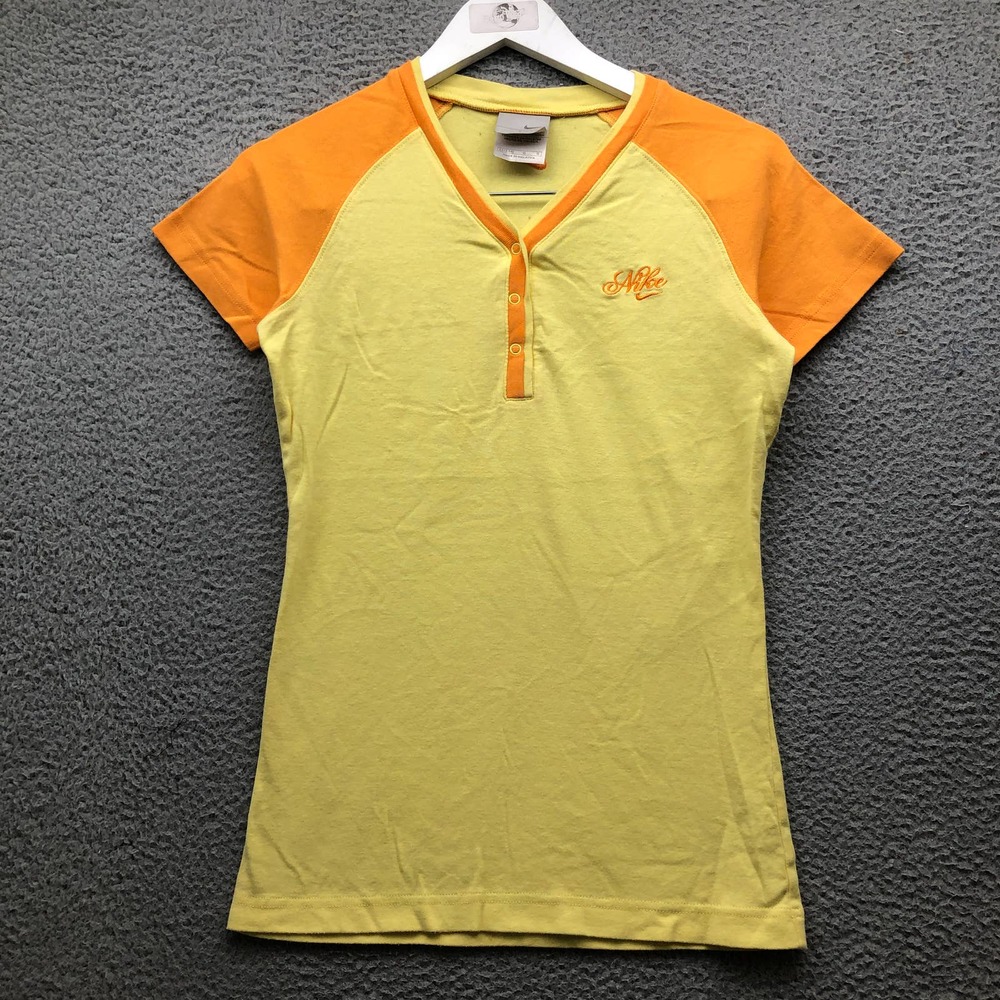Vintage Y2K Nike T-Shirt Women's Large L Raglan Embroidered Swoosh Yellow Orange